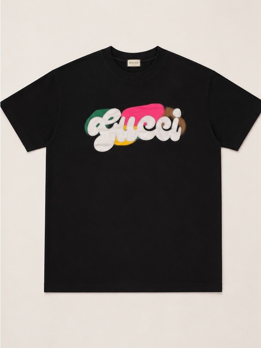Gucci Black Tee with Multicolor Puff Script